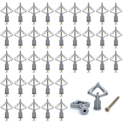Lot de 52 chevilles papillon pour corps creux avec vis, pour plaques de plâtre, plaques de plâtre, fixation dans le béton, chevilles auto-perceuses, vis d'expansion pour cloison sèche
