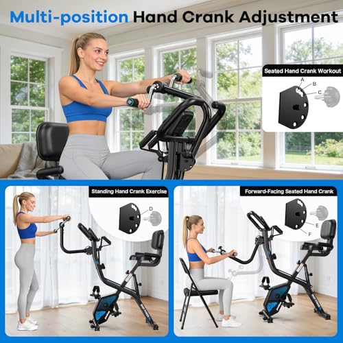 Image of pooboo Folding Exercise Bike, Foldable Upright Stationary Bike, Indoor Cycling Magnetic X-Bike with 8-Level Adjustable Resistance, 6.6 LBS Flywheel, 300LB Capacity, Back Support Cushion for Home Gym