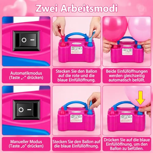 FLSEPAMB Luftballonpumpe Elektrisch, 600W Motor Ballonpumpe Elektrisch Klein with 2+2 Düse, Intelligenter 2 Modus Pumpe Luftballon, Tragbar Luftballon Pumpe Elektro 2