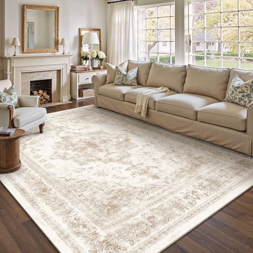 Area Rug 10x12 Cream Washable Living Room Beige Carpet Non Slip Vintage Medallion Indoor Bedroom Beige Carpet Low Pile Soft Retro Distressed Large Rug Home Office Dining Room Playroom