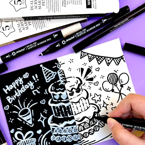 Artecho Acrylstifte 5 Schwarz Farben, 0.5-5mm Wasserfester Dual Tip Marker (Pinsel und feine Spitze), mit doppelten Enden für Rock Painting, Glas, Papier, Holz, Ei, Leinwand