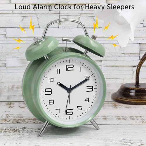 Image of Azyh Loud Alarm Clock for Heavy Sleepers Adults, Metal 4 Inches Twin Bell Battery Operated Alarm Clocks for Bedrooms Decoration, Silent Non-Ticking Back-to-School Gift (Mint Green)