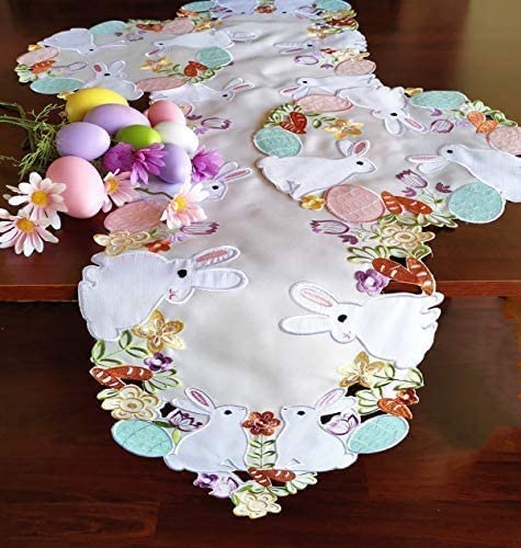 Oster-Frühlings-Tischläufer Mit Häschen & Blumen – Bestickte Tischdeko Für Festliche Tische (33x203 Cm)