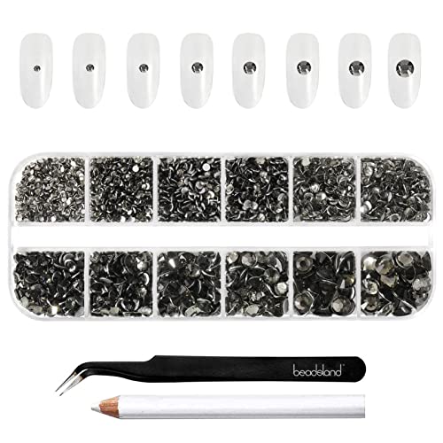 Image of Beadsland Rhinestones for Makeup,8 Sizes 2500pcs Blackdiamond Flatback Rhinestones Eye Gems for Nails Crafts with Tweezers and Wax Pencil,Blackdiamond,SS4-SS30