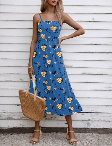 Image of Zeagoo Women's Summer Casual Boho Sundress Spaghetti Strap Square Neck Flowy Midi Dresses A Line Beach Dress with Pockets