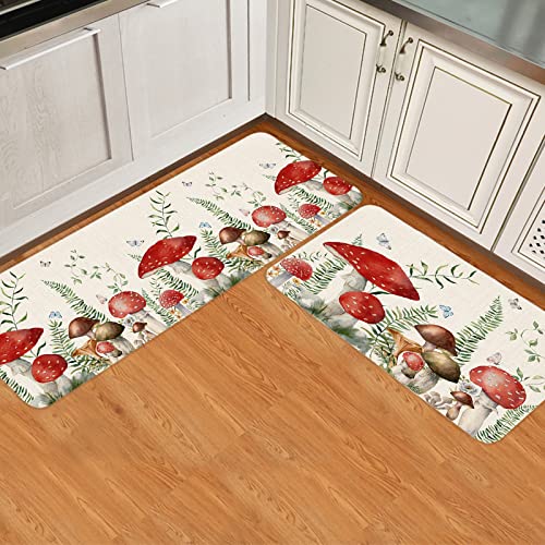 Leokoti Kitchen Rugs And Mats Non Skid Washable, Mushroom Kitchen Runner Rug 2 Pieces, Green Botanical Butterfly Rustic Burlap Kitchen Mat For Sink/Bathroom 20"X24"+20"X48" #TOP1