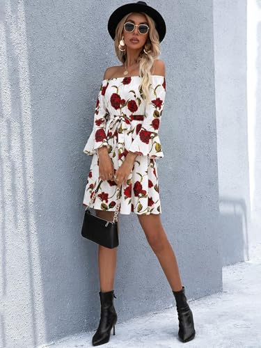Image of Off Shoulder Ruffle Dress for Women, A-Line Mini Dress with Belt, Fitted Bust Summer Wedding Guest Dress