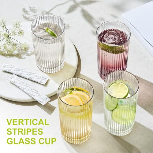 Image of Ribbed Glass Tumbler with Bamboo Lid & Glass Straw - 400ml, Set of 1, Premium Clear Drinking Glass Cup for Water, Juice, Iced Coffee, Smoothies & Cold Beverages, Leak-Resistant Glass Cup