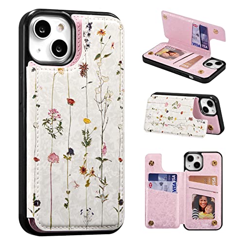 UEEBAI Wallet Case for iPhone 13 with Card Holders, PU Leather Cover Kickstand RFID Blocking Double Magnetic Clasp Rilievo Flower Shockproof Flip Case for Women Girls - Tree Vine