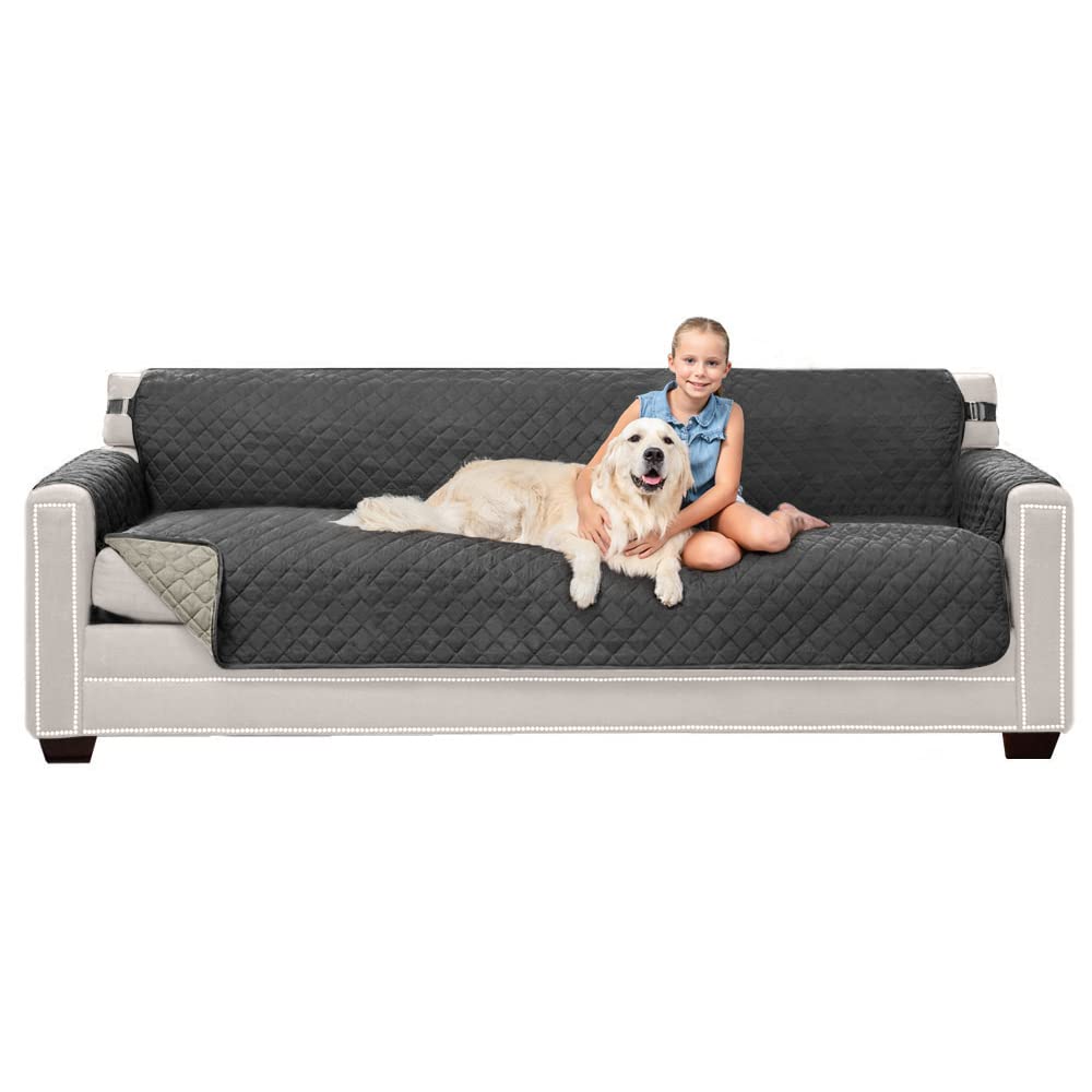 Sofa Shield Couch Slip Cover with Patented Strap, Cushion Protector, Reversible Stain and Dog Tear Resistant Slipcover, Quilted Microfiber 88in Seat, Washable Covers for Dogs Pets Kids, Charcoal Linen