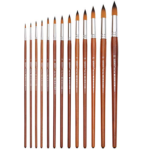 Image of Chrome Artist Watercolor Paint Brushes Set 13pcs - Round Pointed Tip Soft Anti-Shedding Nylon Hair Wood Long Handle