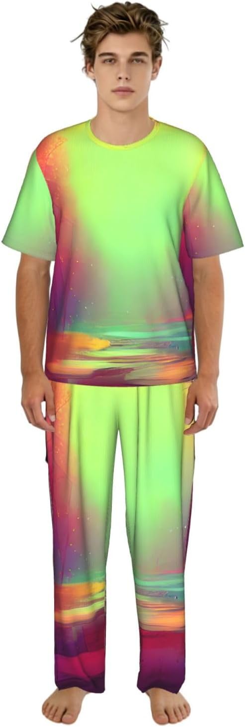 Men'S 2 Piece Loungewear Pajama Set Dream Colorful Print Short Sleeve Tee Top And Pants Set S-3xl