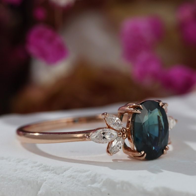 Bague en argent sterling 925 saphir vert naturel et diamants d'exception - 4