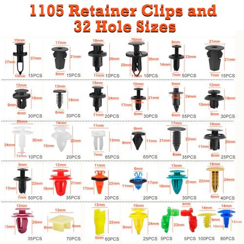 Image of Car Retainer Clips & Fasteners Kit - 32 Universal Sizes Nylon Bumper, Fender Rivets, Door Panel Clips, and Plastic Rivets with 10 Cable Ties and Removal Tool for Toyota, Ford (1240pcs)