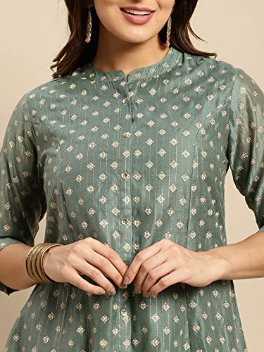 Image of rangita Off White Chanderi Calf Length Printed Flared Kurti for Women | Kurta for Women