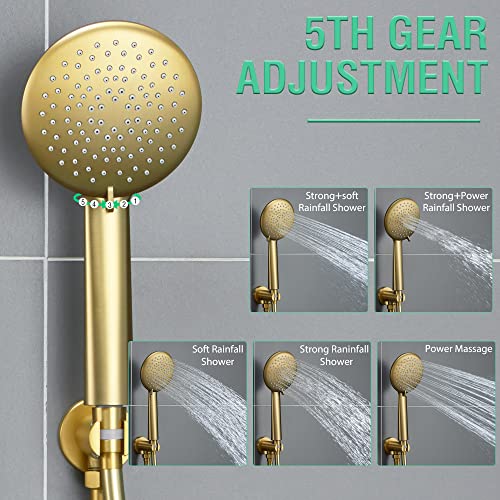 Esnbia Rain Shower System Brushed Gold,12" Shower Head With 3-Mode Handheld Shower Mixer Set, Wall Mounted Rainfall Dual Shower Fixtures, Shower Faucet Set Complete With Valve And Trim #TOP3