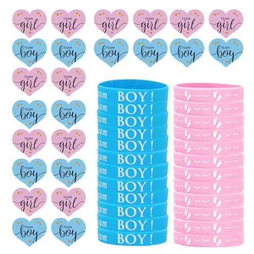 YAZWUR 24 pcs Stickers, 24 pcs Bracelets Team Fille ou Garçon Décoration Fête Gender Reveal pour Baby Shower, Fête de Bébé (Annonce du Sexe, Décoration de Fête Bébé)