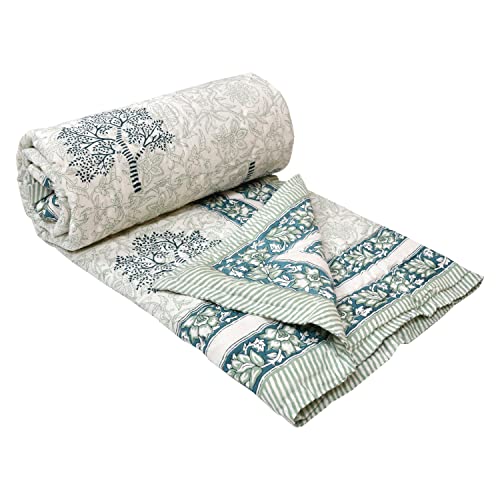 Image of BLOCKS OF INDIA Cotton Single Size Quilt Hand Block Print for Light Winters (60X90 Inches) (Green Tree), Lightweight, 300 TC