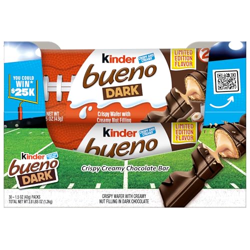 Image of Kinder Bueno Dark Chocolate Bars with Creamy Hazelnut Filling, Bulk 30 Count, Chocolate Candy Bars for Game Day, Football Party Supplies, Snacks for Adults, 2 Per Pack, 1.5 oz. Per Pack