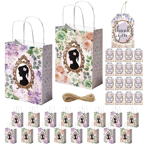 HOMEZZO 16 Pcs Floral Gift Bags with Handles - Spring Flower Goodie Treat Bags with Thank You Tags for Tea Party Birthday Garden Gathering