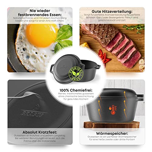 Foto von BRAGUS 2-in-1 Gusseisentopf mit Grillpfanne/Deckel, Ø 26 cm, 4,6 L Kasserolle perfekt zum Brotbacken oder Kochen, geeignet für Induktions-Auflaufform, Gusseisen-Bräter