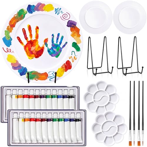 ElaraBerry 12 Pcs Paint Your Own Porcelain Plates Ceramic Painting Kit Includes 2 Porcelain Plates 2 Paints 4 Paint Brushes 2 Stands and 2 Color Palettes DIY for Birthday Christmas Gifts Adults