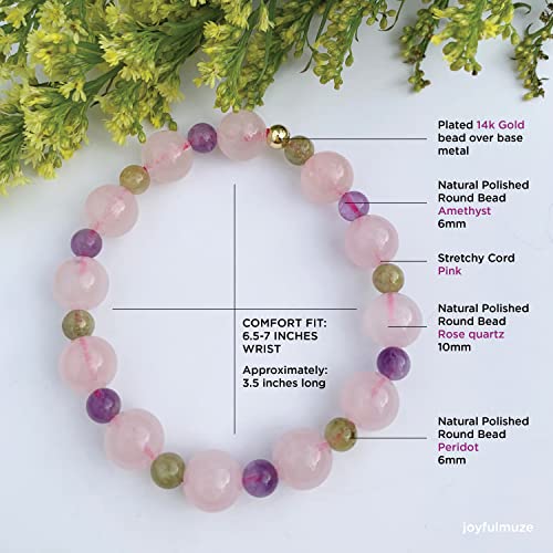 Joyfulmuze Rose Quartz Amethyst Peridot Stretch Bracelet, Natural Energy Crystal Stone Beads, Handmade Gift For Women Men, (Amethyst-Rose Quartz-Peridot) #TOP4
