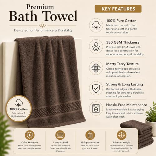 Image of 100% Pure Cotton Bath Towel for Men & Women | 380 GSM Ultra Soft, Highly Absorbent & Quick Dry Bath Towel | Large 55 x 28 Inch Matty Terry Towel for Bathroom, Gym, Travel & Daily Use | Dark Brown