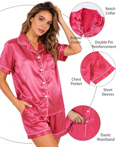 Image of 3 Piece Silk Satin Pajama Set for Women Soft Short Sleeve Button Down Pjs with Shorts Long Pants Sleepwear S-XXXL