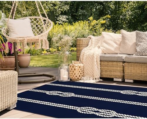 Liora Manne Capri Indoor/Outdoor Handmade Synthetic Blend Durable Area Rug - Traditional Stripe Coastal Beach Decorative (Ropes Navy) (5' x 7'6")