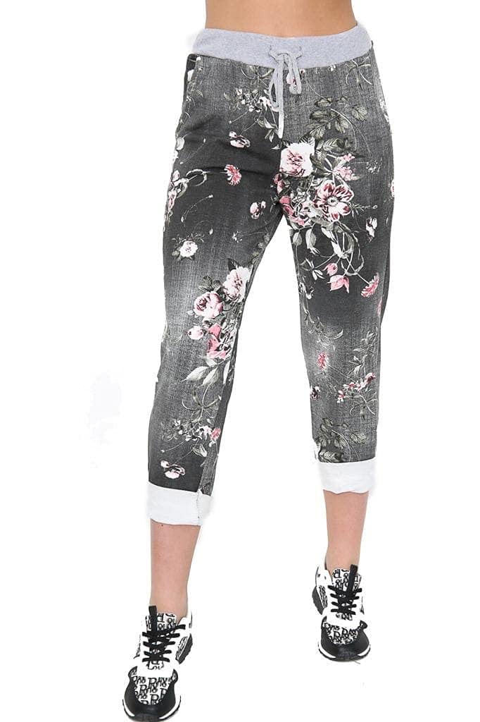 Wearall Women's Floral Print Black Floral Print Drawstring Elasticated Trousers Jogging Bottoms Pants Light Black Floral Print 20-22