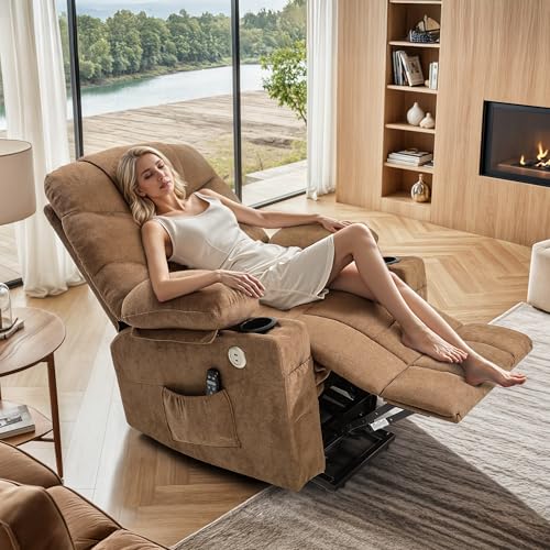 DWVO Power Lift Recliner Chair with Massage & Heat, Modern Fabric Recliner Chair, Spacious Fabric Seat, USB Ports, Cup Holders & Remote Control for Living Room, Brown