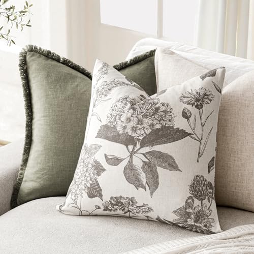 Image of Foindtower Set of 2 Linen Floral Vintage Throw Pillow Covers Neutral Accent Decorative Cushion Covers Farmhouse Boho Home Decor for Sofa Chair Couch Bedroom Living Room,18x18 Inch,Light Gray