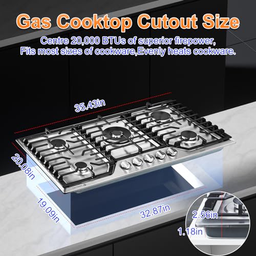 Amzchef UL-36AMHG05D-ST 36 Inch Gas Cooktop With 5 Made In Italy Sabaf Power Burners.Max 48300 Btu/Hr Built-In Gas Stove Top Of 304 Stainless Steel thumb #4