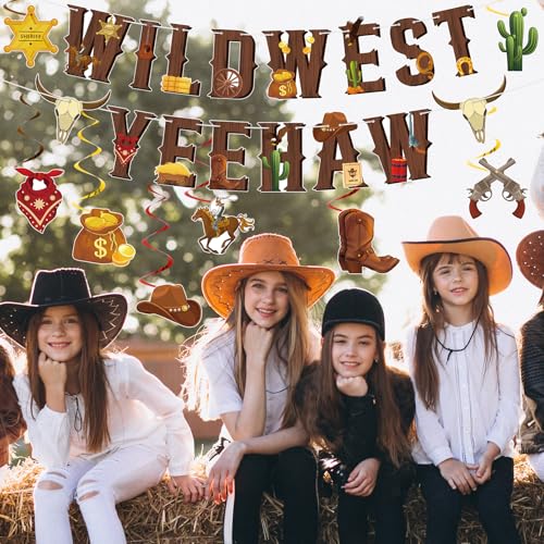 Image of Hooqict Happy Birthday Banner Western Party Decorations Cowboy Banner with Hanging Swirls Ceiling Streamers for Boys Men Western Themed Birthday Decorations Wild West Country Party Supplies