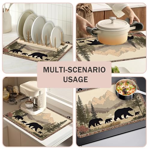 Image of Multi-Design Silicone Stove Cover for Glass /Electric Stoves - 3-in-1 Heat-Resistant Protector Mat, Non-Slip Drying Rack (Bear Family Forest, 28 inch L x 20 inch W)