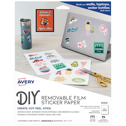 Image of Avery Durable DIY Sticker Paper, 8.5 inch x 11 inch, Removable Surface Safe Adhesive, Water-Resistant with Laser or Pigment-Inkjet Printers, 3 Full-Size Label Sheets (61512)