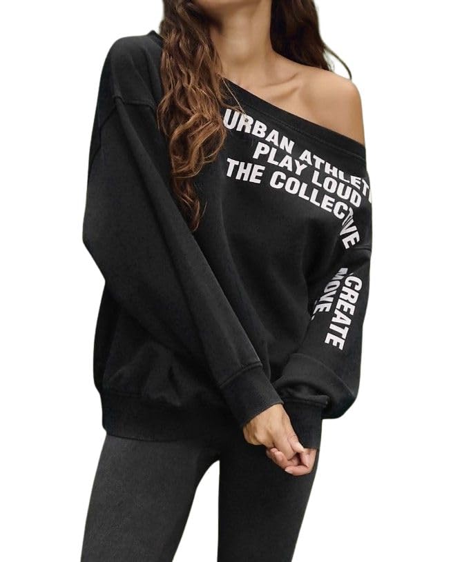sxv style Women's Off Shoulder Sweatshirt, Black, Urban Athletic Print, Long Sleeve, Casual Pullover-picture-12
