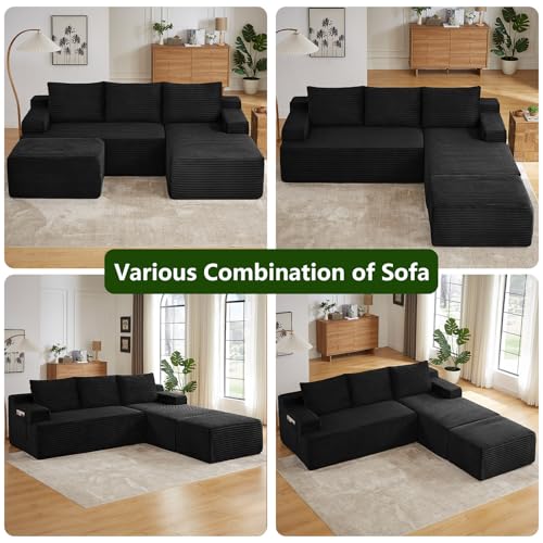 Image of 96.1 inch Modular Sectional Sofa with Ottoman, Modern Corduroy Cloud Couch, Boneless Couch Upholstered 3-Seater U-Shaped Sofa for Living Room, No Assembly (Black, Right-Facing Chaise)