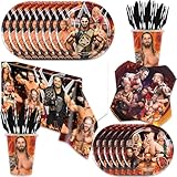 141Pack Wrestling birthday Party Supplies include 7''plates,9'' plates,Tablecloth,Forks,Kinfes,Spons,napkins，cups for the Wrestling party decoration