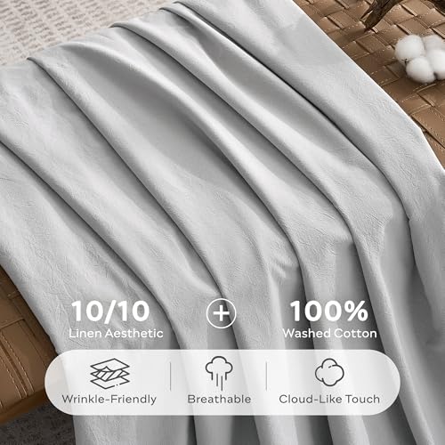 Image of JELLYMONI 100% Washed Cotton Duvet Cover Queen - Soft, Breathable Linen-Look Bedding with Natural Wrinkle Texture, Button Closure, 3-Piece Set (Pale Grey, 90 inchx90 inch)