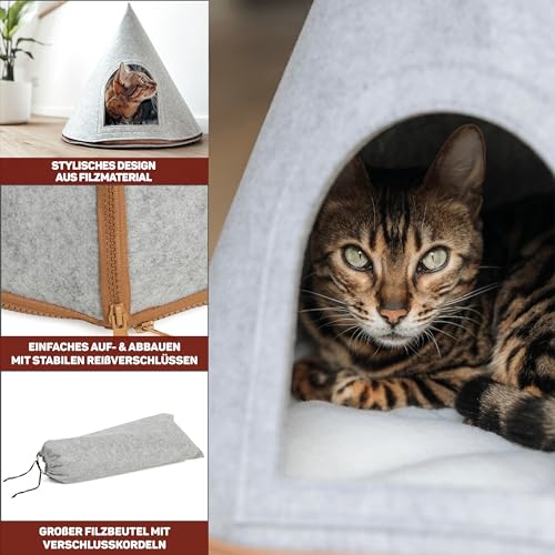 CanadianCat Company | Katzen Tipi Zelt für Haustiere Katzenzelt Cone Katzen Tipi, XL Katzenhöhle aus Filz inkl. Flauschkissen, hellgrau, 45 x 45 x 50 cm