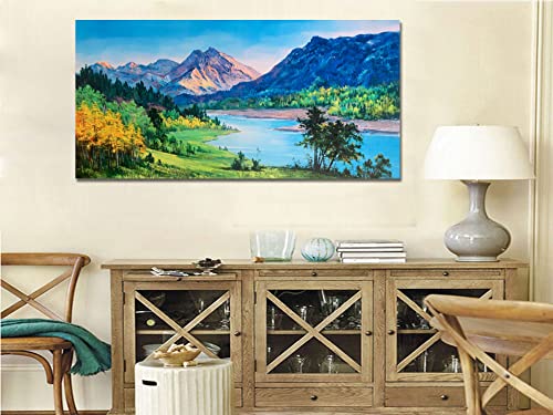 Ardemy Nature Mountain Canvas Wall Art Stream Scenery Painting Summer Blue Ridge Landscape Green Teal Panoramic Picture Artwork Framed Large For Home Office Living Room Bedroom Bathroom Decor 40"X20” #TOP4