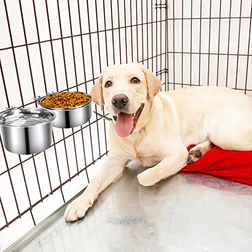 Wassernapf für Hundekäfige, 2 Stück Edelstahl-Hundenäpfe, langlebig, auslaufsicher, Hundehütte, zum Aufhängen von Wasser/Futternapf für mittelgroße und große Hunde (18.9x8.9 cm und 16.3x6.6 cm)