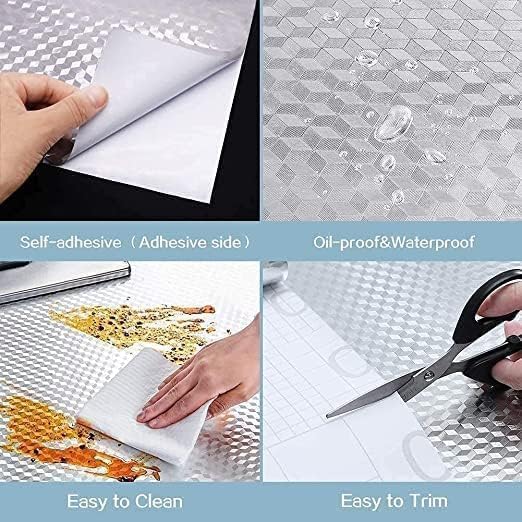 Image of Hotegxa Self-Adhesive Kitchen Wallpaper, PVC 3D Wall Sticker Oil Proof & Waterproof, Kitchen Backsplash Silver Stickers Wallpaper for Hotel /Living Room, Bedroom & Cafe Walls - 60cm x 200cm (Pack of 2)