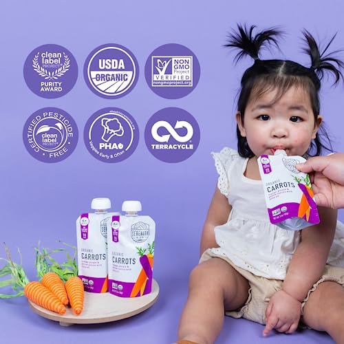 Serenity Kids 6+ Months Veggie & Carrot Puree Baby Food - USDA Organic - No Sugary Fruits or Added Sugar, Allergen Free Organic Baby Food Pouches - 3.5 oz BPA-Free Pouches - 6 Count