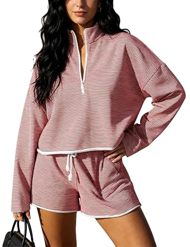 Image of Bozanly Two Piece Outfits for Women Trendy Long Sleeve Tops Shorts Set