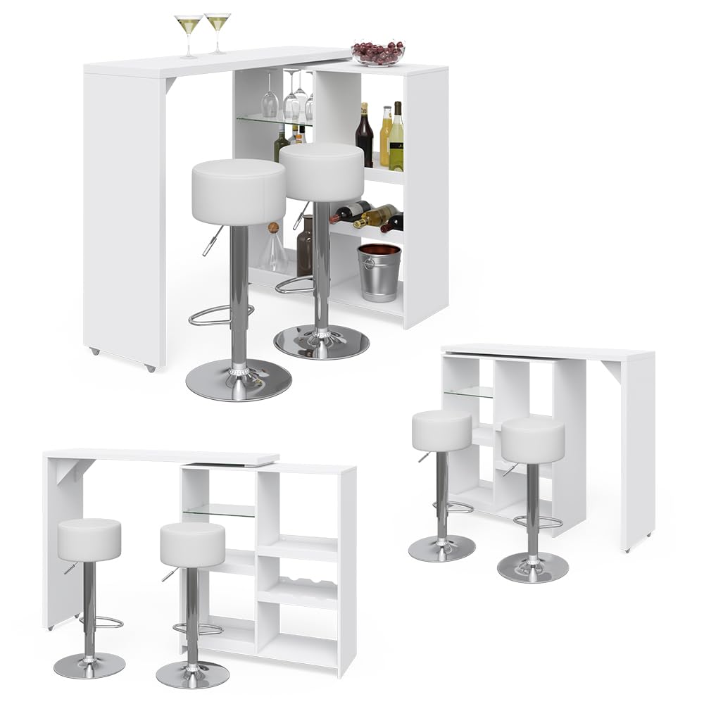 Vicco Set de Mesa de Bar Vega, Blanco, 138 x 39 cm con 2 taburetes de Bar, Plegable con estantes Abiertos para Almacenamiento