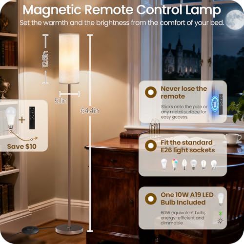 Image of Dimmable Floor Lamps for Living Room with Remote and Foot Switch, 64.4 inch Modern Standing Tall Lamp, Corner Lamp for Bedroom, Bulb Included, 3000K-6500K, Beige and Brown, FCC Listed VE06LD05W1