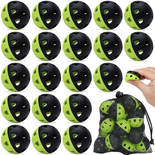 Coopay 20 Pack Practice Baseball 42mm Mini Plastic Hollow Softballs Baseball Training Balls with Drawstring Bag for Indoor Outdoor Backyard Batting Practice (Half Green and Black)